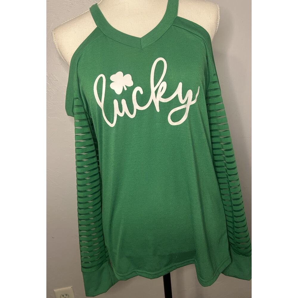 Women’s St. Patrick’s Day Long Sleeve Cold Shoulder Top “Lucky” With Shamrock